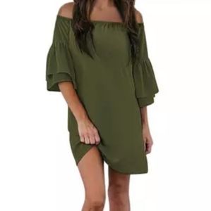 Green Off Shoulder Dress With Ruffle Sleeve